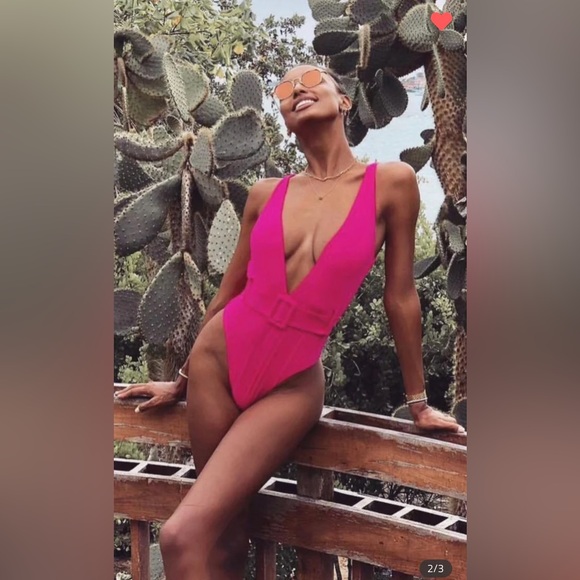 Barbie Pink Deep Plunge One Piece w/ Attached Belt - Sz S - Picture 4 of 7